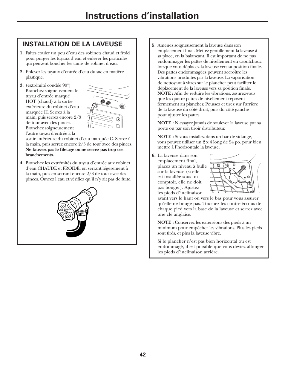 Installation de la laveuse, Installation de la laveuse , 43, Instructions d’installation | GE GBVH5140 User Manual | Page 42 / 76