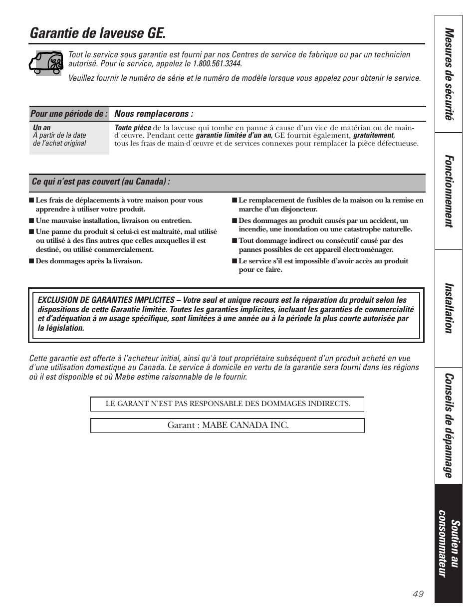 Garantie (canada), Garantie de laveuse ge | GE GBVH5140 User Manual | Page 49 / 76