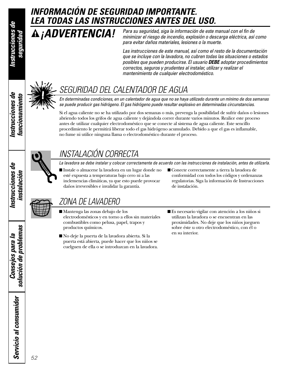 Instrucciones de seguridad, Advertencia, Seguridad del calentador de agua | Instalación correcta, Zona de lavadero | GE GBVH5140 User Manual | Page 52 / 76