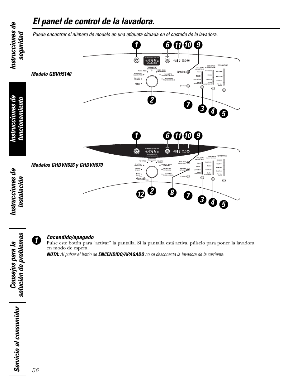 El panel de control de la lavadora | GE GBVH5140 User Manual | Page 56 / 76