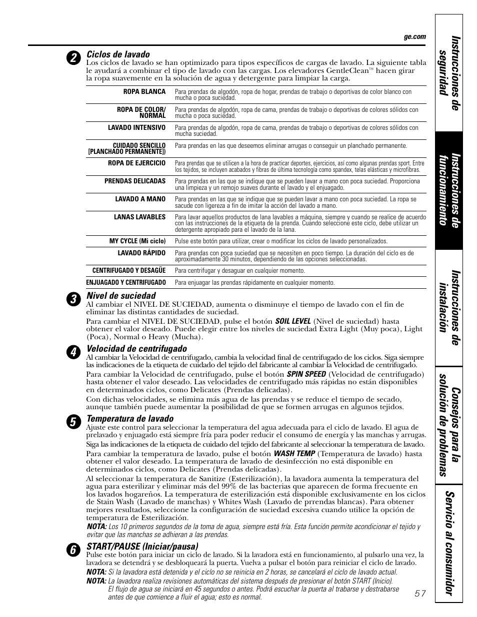 Parámetros de control | GE GBVH5140 User Manual | Page 57 / 76