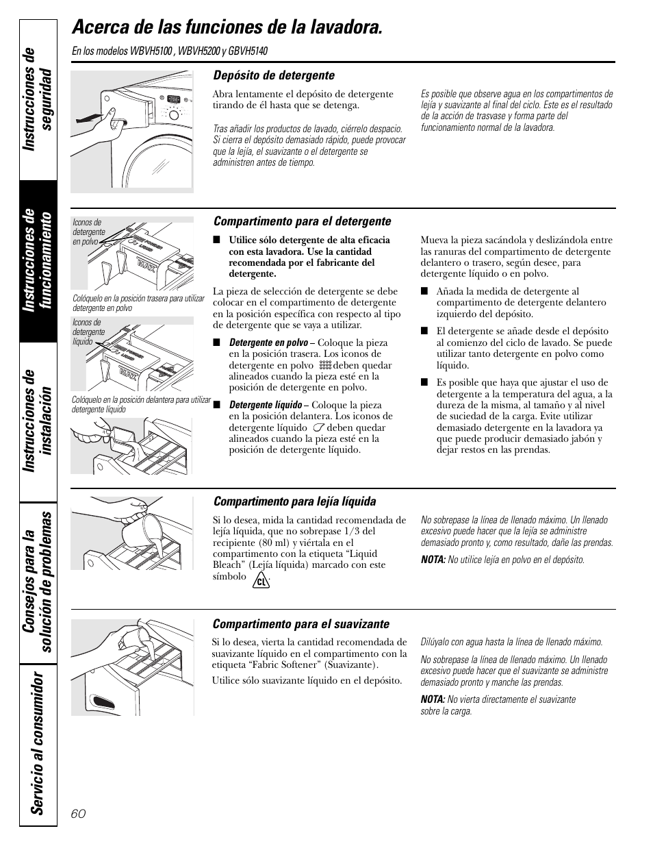 Acerca de las funciones de la lavadora | GE GBVH5140 User Manual | Page 60 / 76