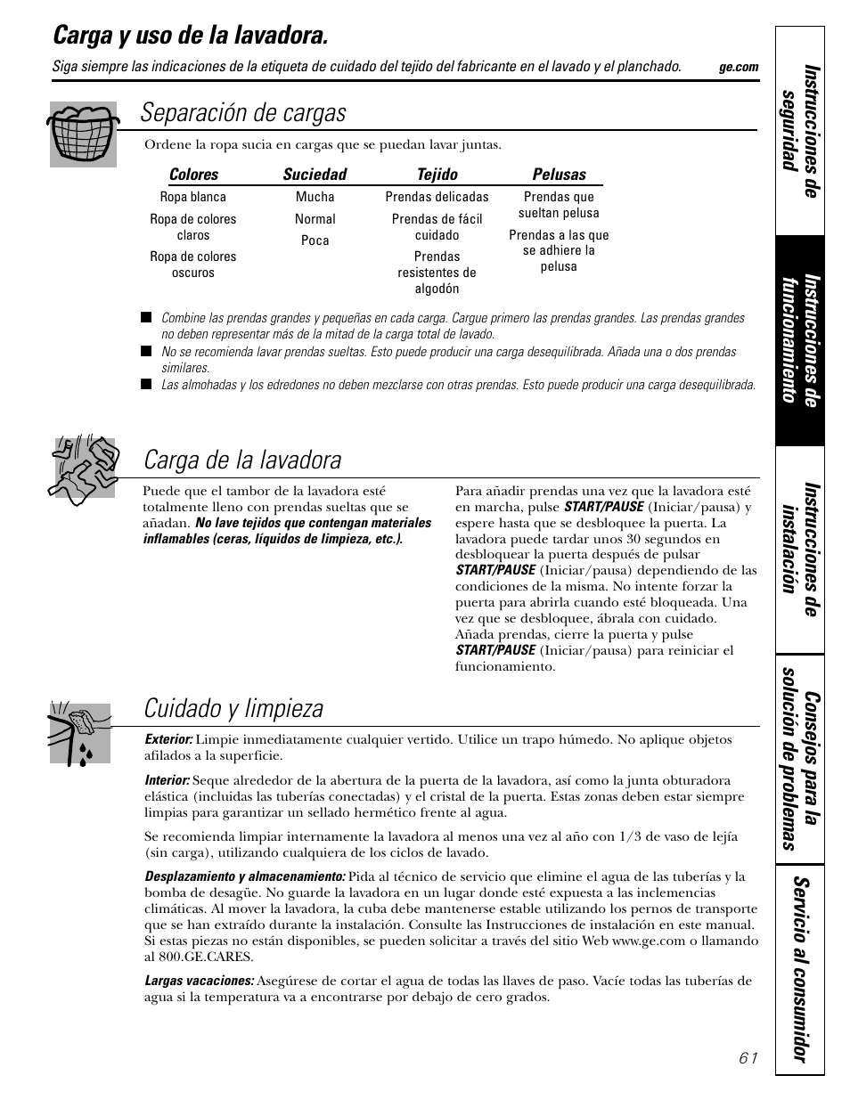 Carga y uso de la lavadora, Carga y uso de la lavadora , 62, Cuidado y limpieza carga y uso de la lavadora | Separación de cargas carga de la lavadora | GE GBVH5140 User Manual | Page 61 / 76