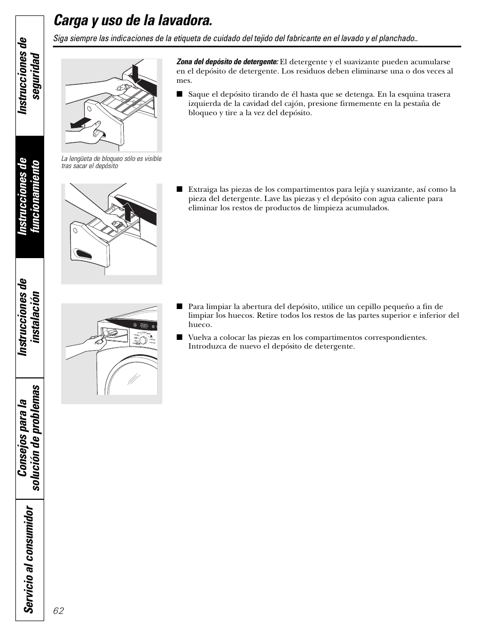 Carga y uso de la lavadora | GE GBVH5140 User Manual | Page 62 / 76