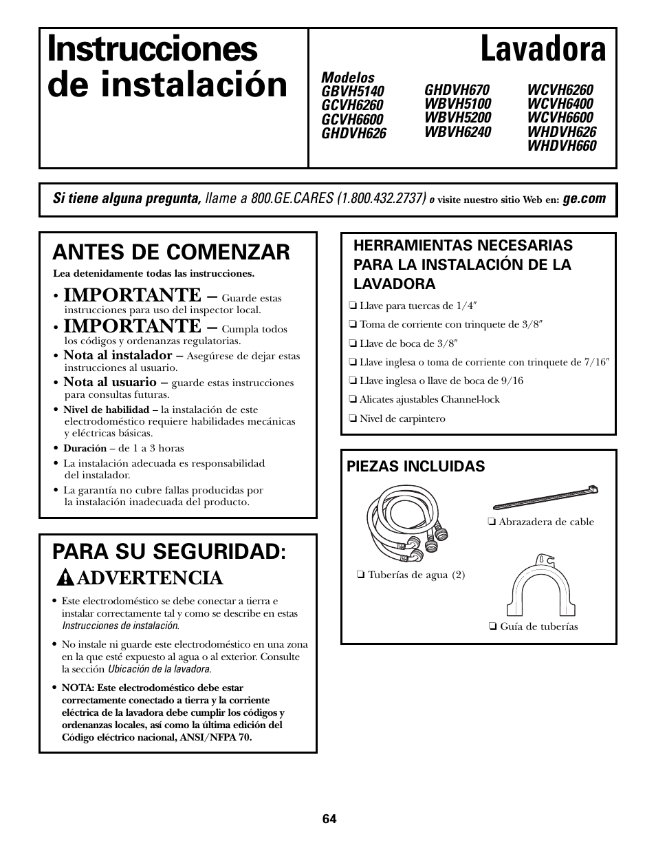 Instrucciones de instalación, Preparación para la instalación de la lavadora, Instrucciones lavadora de instalación | Antes de comenzar, Para su seguridad, Importante, Advertencia | GE GBVH5140 User Manual | Page 64 / 76