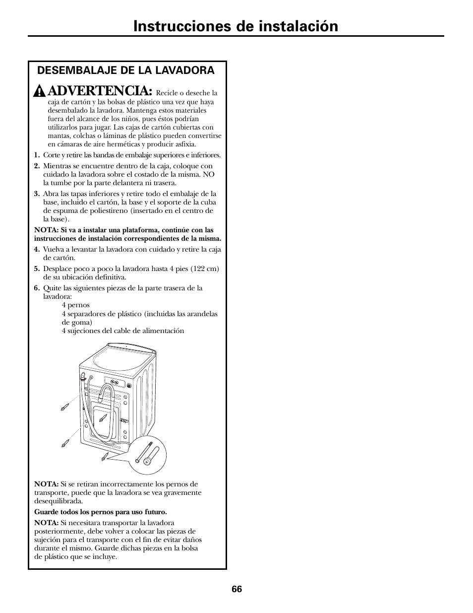 Desembalaje de la lavadora, Instrucciones de instalación, Advertencia | GE GBVH5140 User Manual | Page 66 / 76