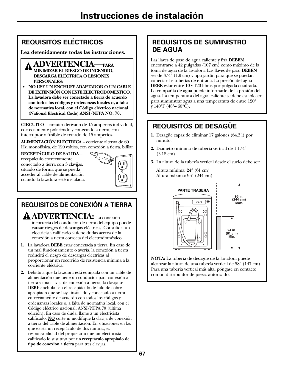 Requisitos de desagüe, Requisitos eléctricos, Requisitos de suministro de agua | Requisitos de desagüe requisitos eléctricos, Instrucciones de instalación, Advertencia | GE GBVH5140 User Manual | Page 67 / 76