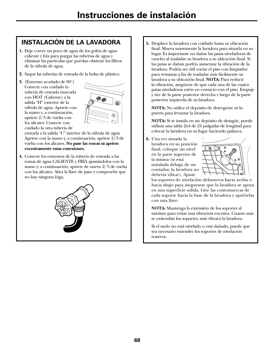 Instalación de la lavadora, Instalación de la lavadora , 69, Instrucciones de instalación | GE GBVH5140 User Manual | Page 68 / 76