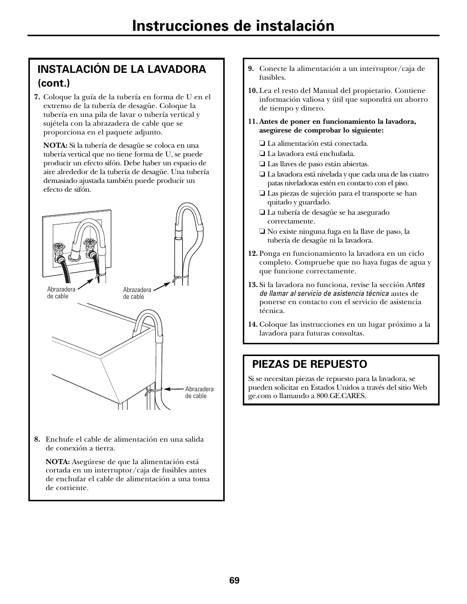 Piezas de repuesto, Instrucciones de instalación, Instalación de la lavadora (cont.) | GE GBVH5140 User Manual | Page 69 / 76