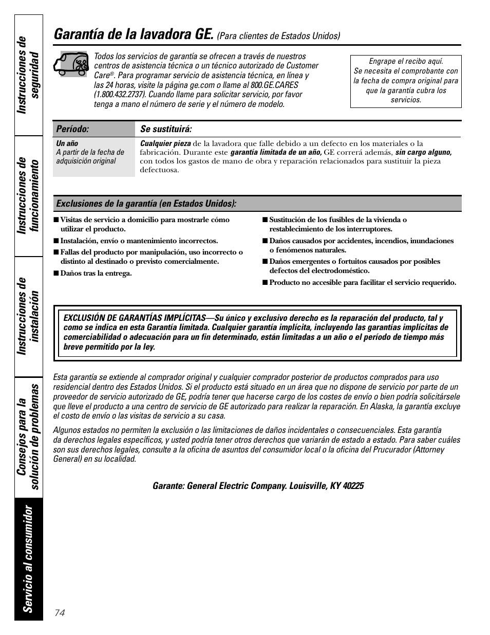 Garantía (ee.uu.), Garantía de la lavadora ge | GE GBVH5140 User Manual | Page 74 / 76