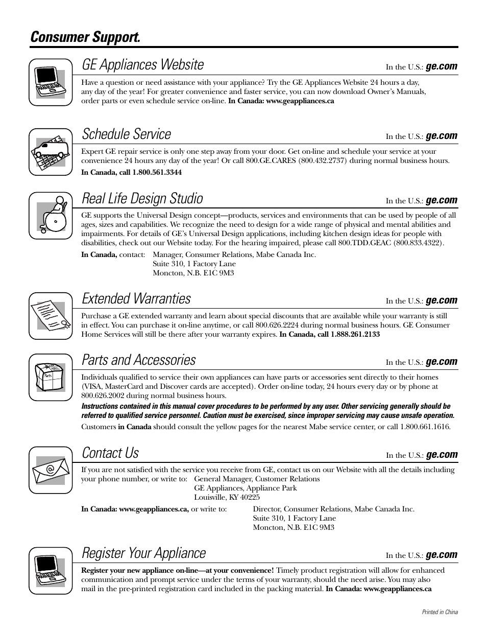 Service telephone numbers, Service telephone numbers . back cover, Consumer support. ge appliances website | Schedule service, Real life design studio, Extended warranties, Parts and accessories, Contact us, Register your appliance | GE GBVH5140 User Manual | Page 76 / 76