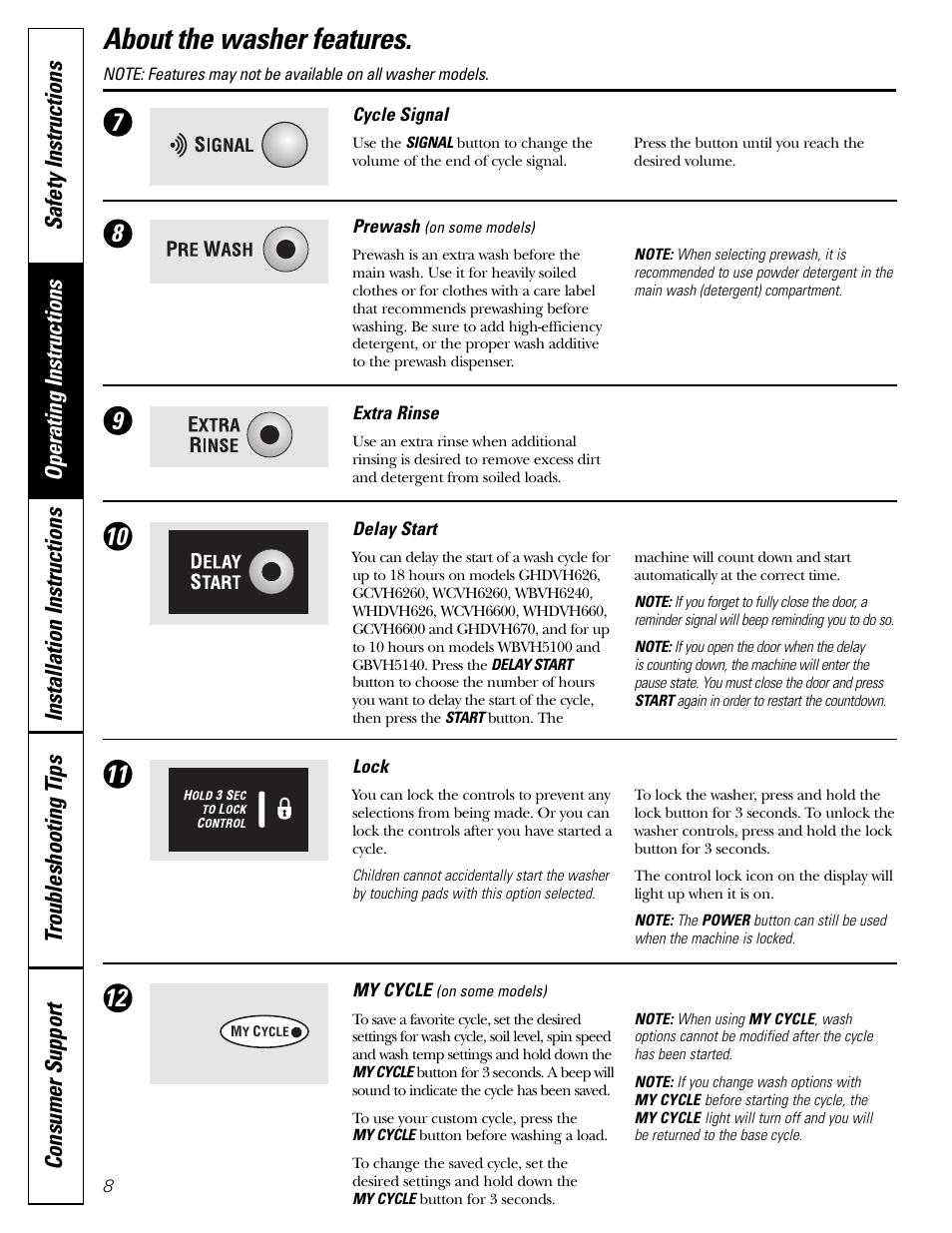 Features, Features –10, About the washer features | GE GBVH5140 User Manual | Page 8 / 76