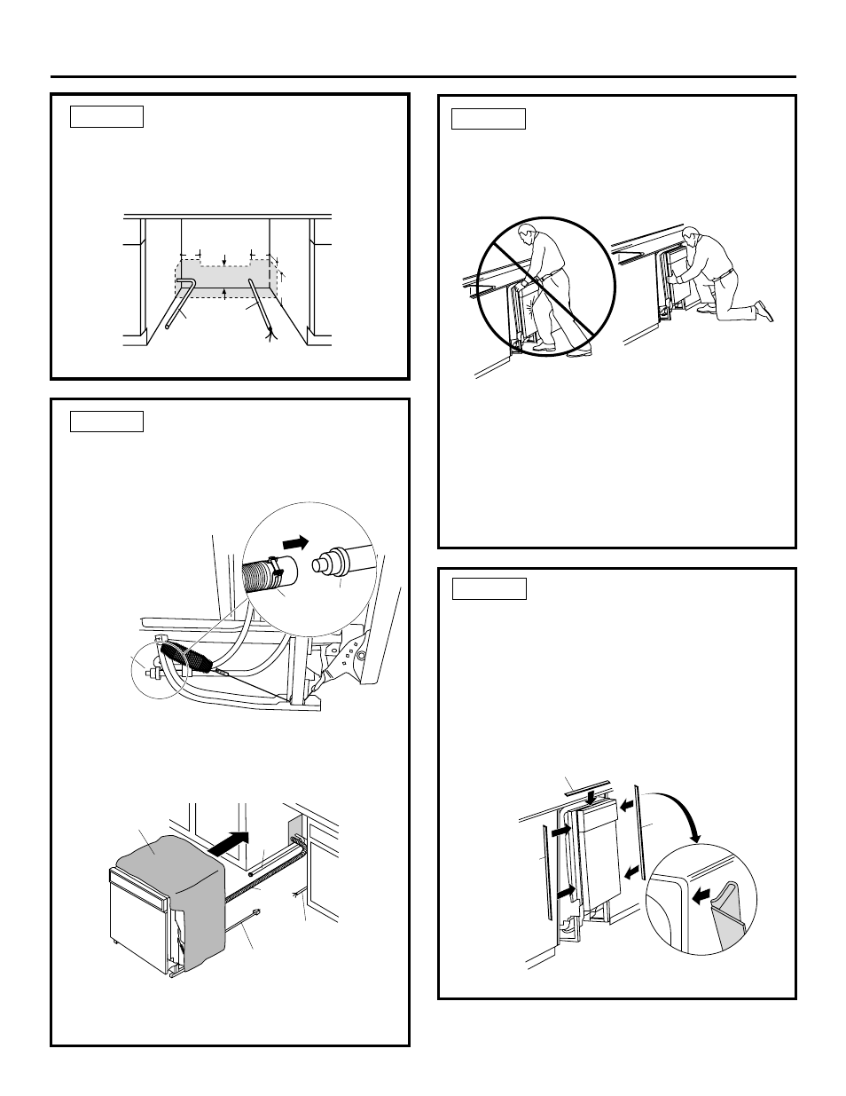 Installation instructions, Step 9 install trim pieces, Step 8 slide dishwasher partially into cabinet | Step 7 install drain hose, guide through cabinet, Step 6 position water line and house wiring | GE PDW8100 User Manual | Page 7 / 12