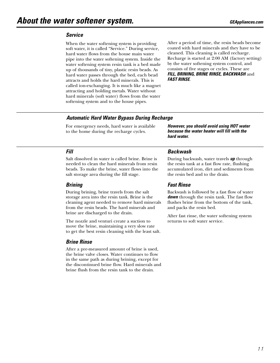 Service, Water softener system, Service , 14–16 water softener system –16 | About the water softener system | GE GXSF31E User Manual | Page 11 / 60