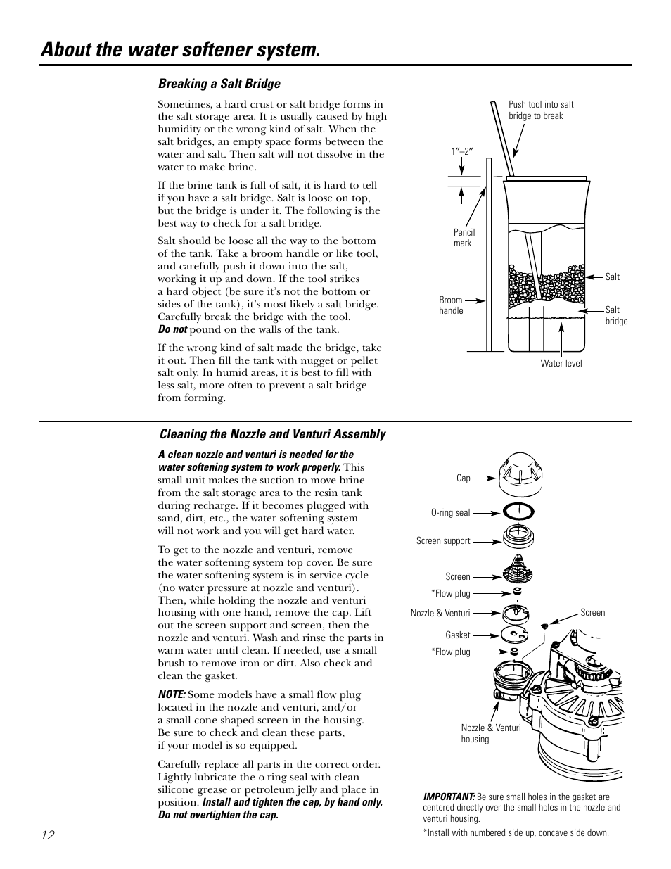 Breaking a salt bridge, Cleaning the nozzle and venturi assembly, About the water softener system | GE GXSF31E User Manual | Page 12 / 60