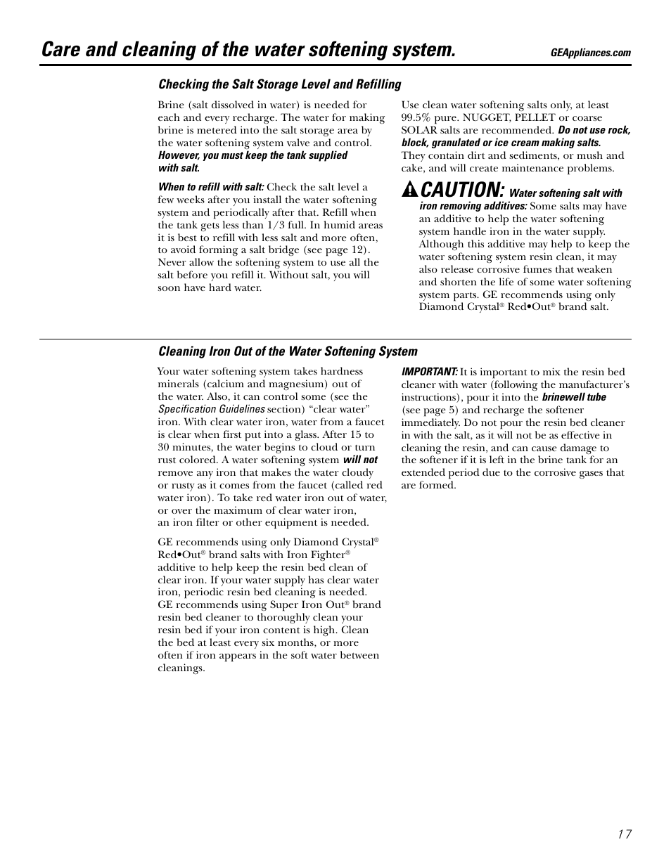 Care and cleaning, Care and cleaning of the water softening system, Caution | GE GXSF31E User Manual | Page 17 / 60