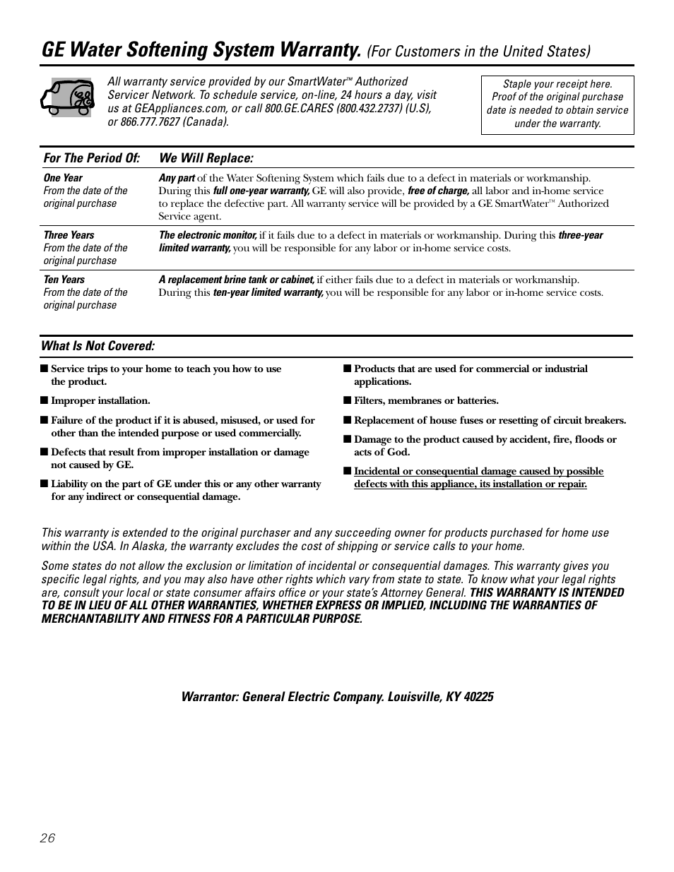 Warranty (u.s.), Ge water softening system warranty, For customers in the united states) | GE GXSF31E User Manual | Page 26 / 60