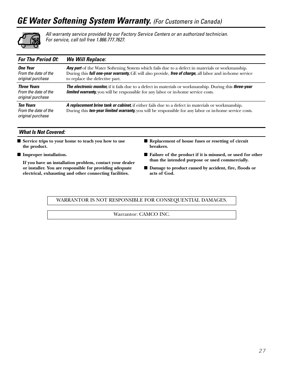 Warranty (canada), Ge water softening system warranty, For customers in canada) | GE GXSF31E User Manual | Page 27 / 60