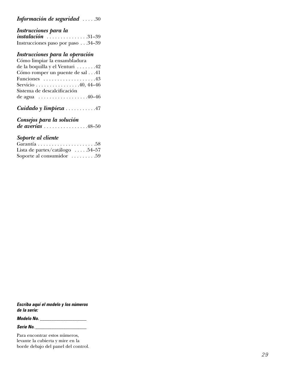 Spanish table of contents, Instrucciones para la operación, Soporte al cliente | GE GXSF31E User Manual | Page 29 / 60