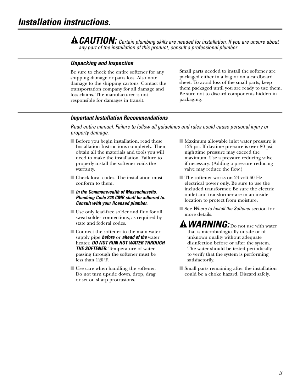 Installation instructions, Caution, Warning | GE GXSF31E User Manual | Page 3 / 60