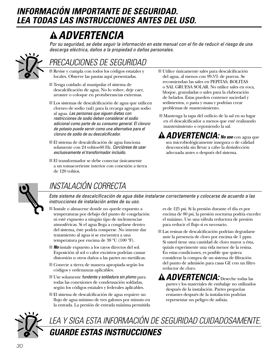 Información de seguridad, Advertencia | GE GXSF31E User Manual | Page 30 / 60