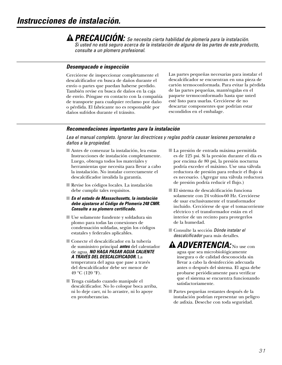 Instrucciones para la instalación, Precaución, Instrucciones de instalación | Advertencia | GE GXSF31E User Manual | Page 31 / 60