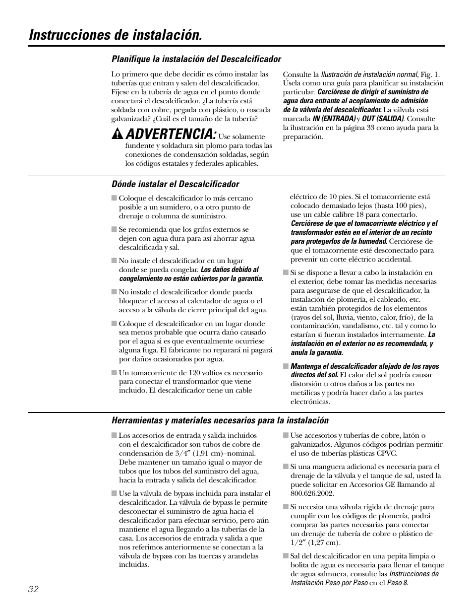Instrucciones de instalación, Advertencia | GE GXSF31E User Manual | Page 32 / 60