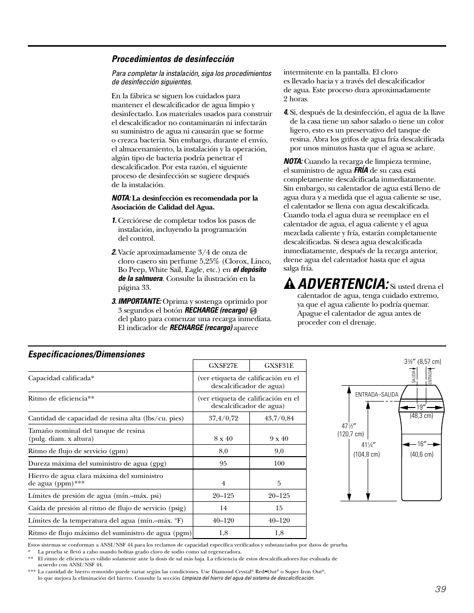 Advertencia, 39 procedimientos de desinfección, Especificaciones/dimensiones | GE GXSF31E User Manual | Page 39 / 60