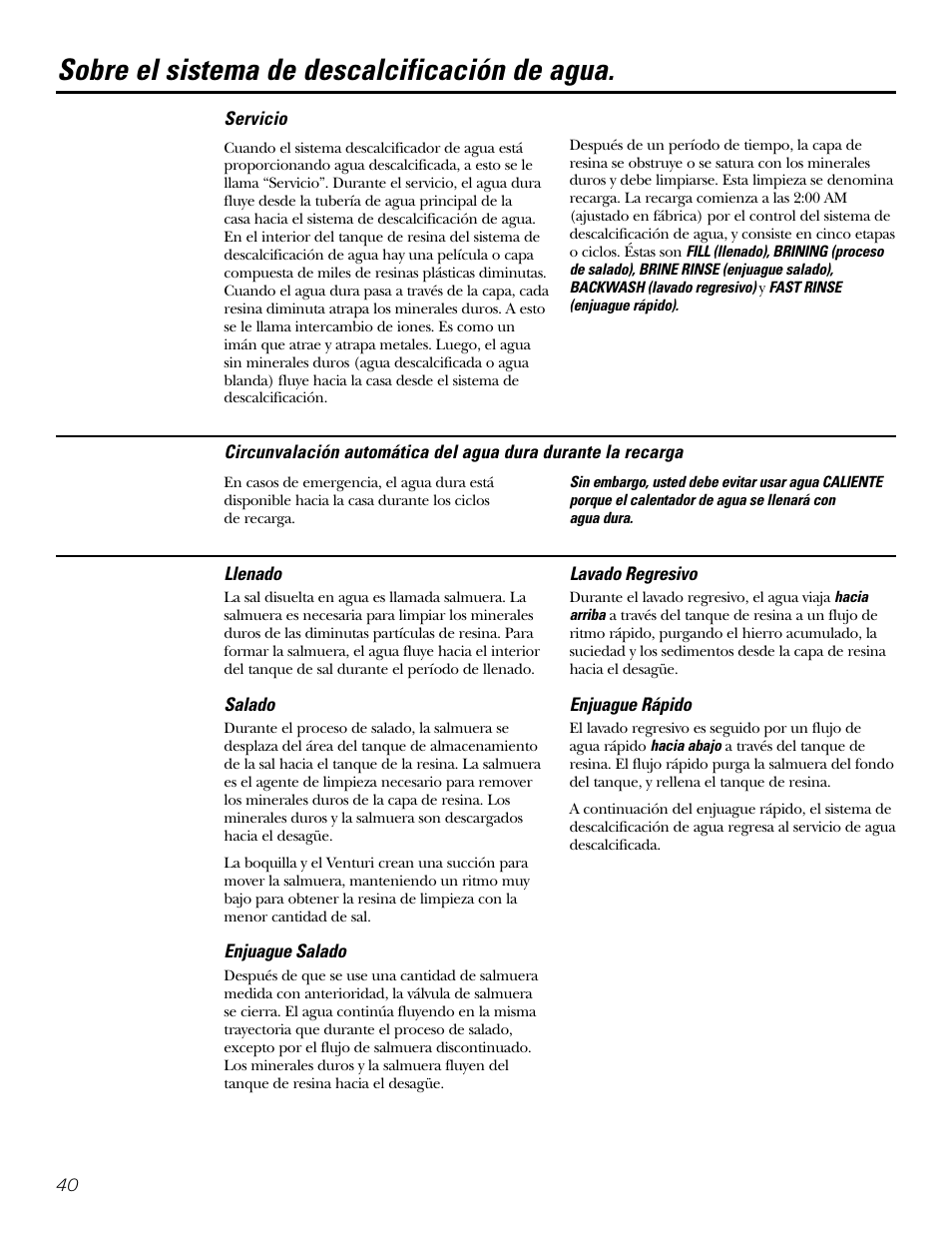 Servicio, Sistema de descalcificación de agua, Sobre el sistema de descalcificación de agua | GE GXSF31E User Manual | Page 40 / 60