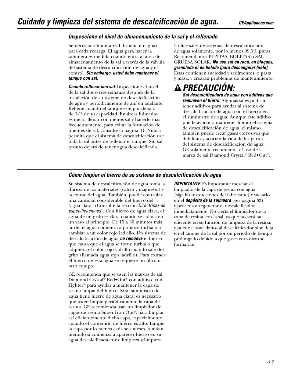 Cuidado y limpieza, Precaución | GE GXSF31E User Manual | Page 47 / 60