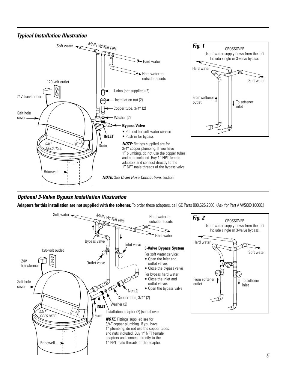 5typical installation illustration, Optional 3-valve bypass installation illustration, Fig. 1 | Fig. 2 | GE GXSF31E User Manual | Page 5 / 60