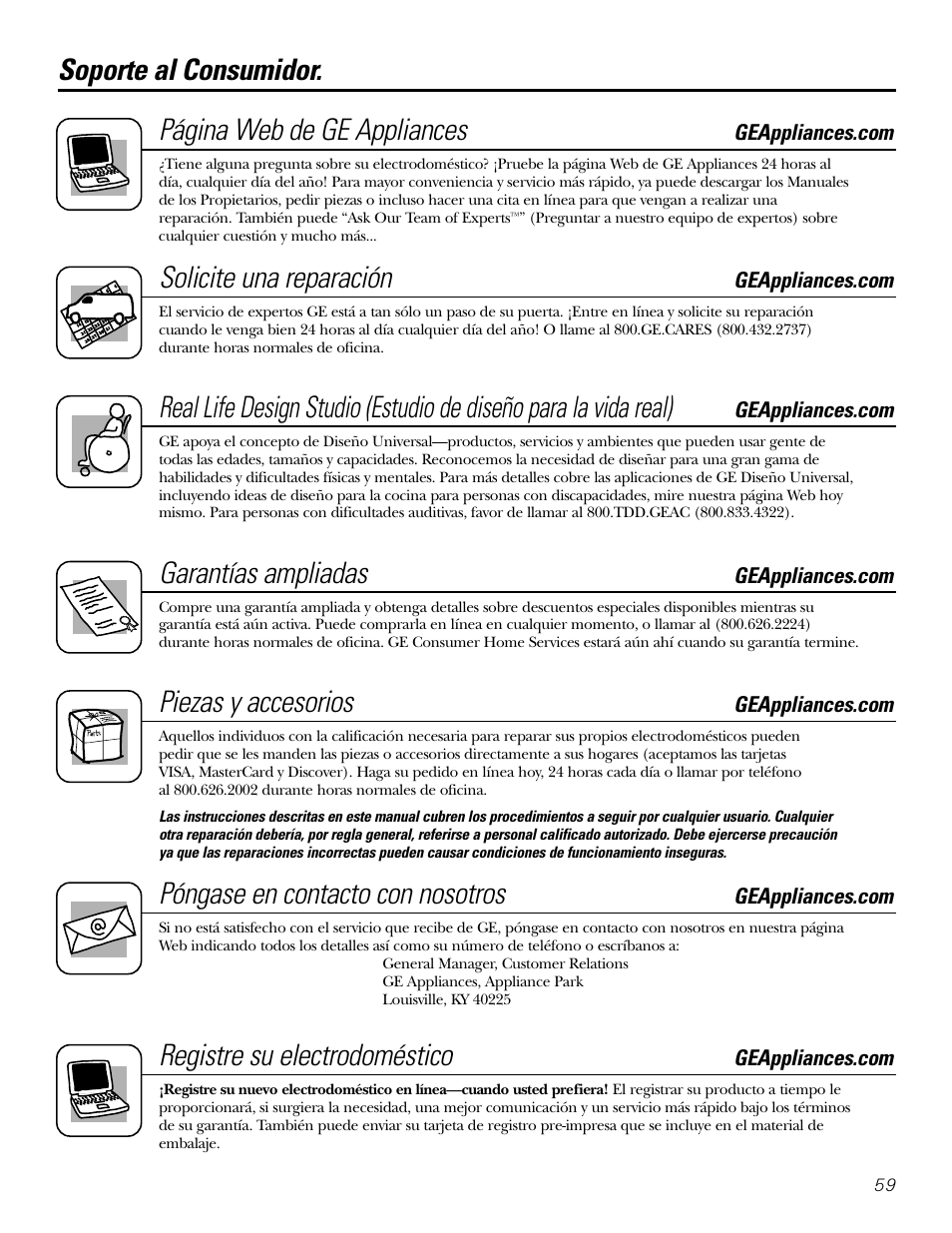 Soporte al consumidor, Soporte al consumidor. página web de ge appliances, Solicite una reparación | Garantías ampliadas, Piezas y accesorios, Póngase en contacto con nosotros, Registre su electrodoméstico | GE GXSF31E User Manual | Page 59 / 60