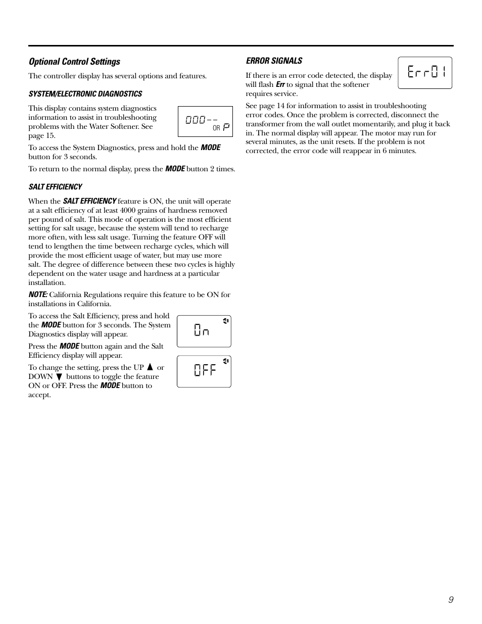 9optional control settings, Error signals | GE GXSF31E User Manual | Page 9 / 60