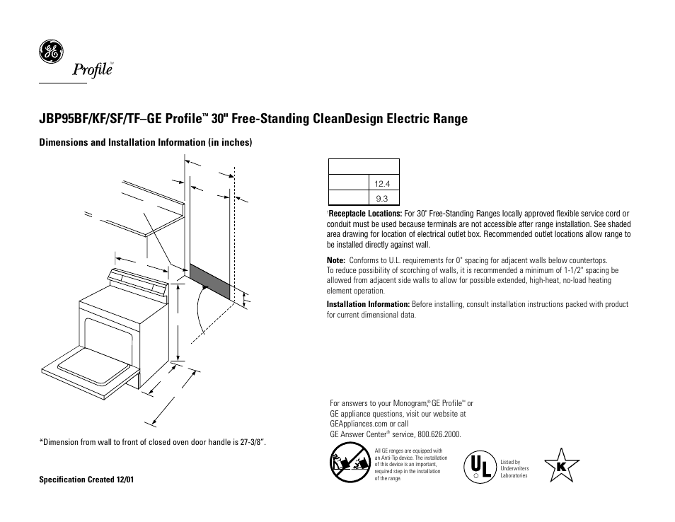 GE Profile JBP95KF User Manual | 2 pages