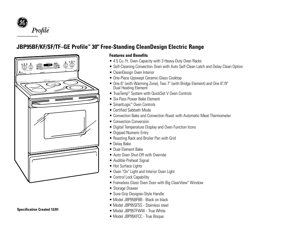 Jbp95bf/kf/sf/tf–ge profile, 30" free-standing cleandesign electric range | GE Profile JBP95KF User Manual | Page 2 / 2