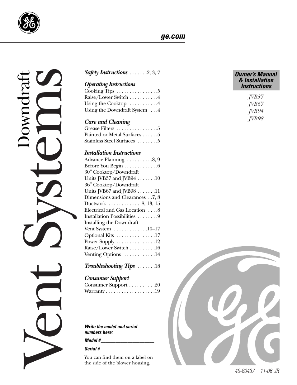 GE JVB37 User Manual | 40 pages