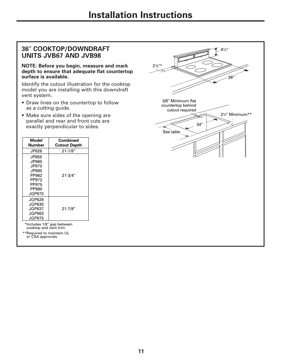 36" cooktop/downdraft units jvb67 and jvb98, Cooktop/downdraft, Units jvb67 and jvb98 | Installation instructions | GE JVB37 User Manual | Page 11 / 40