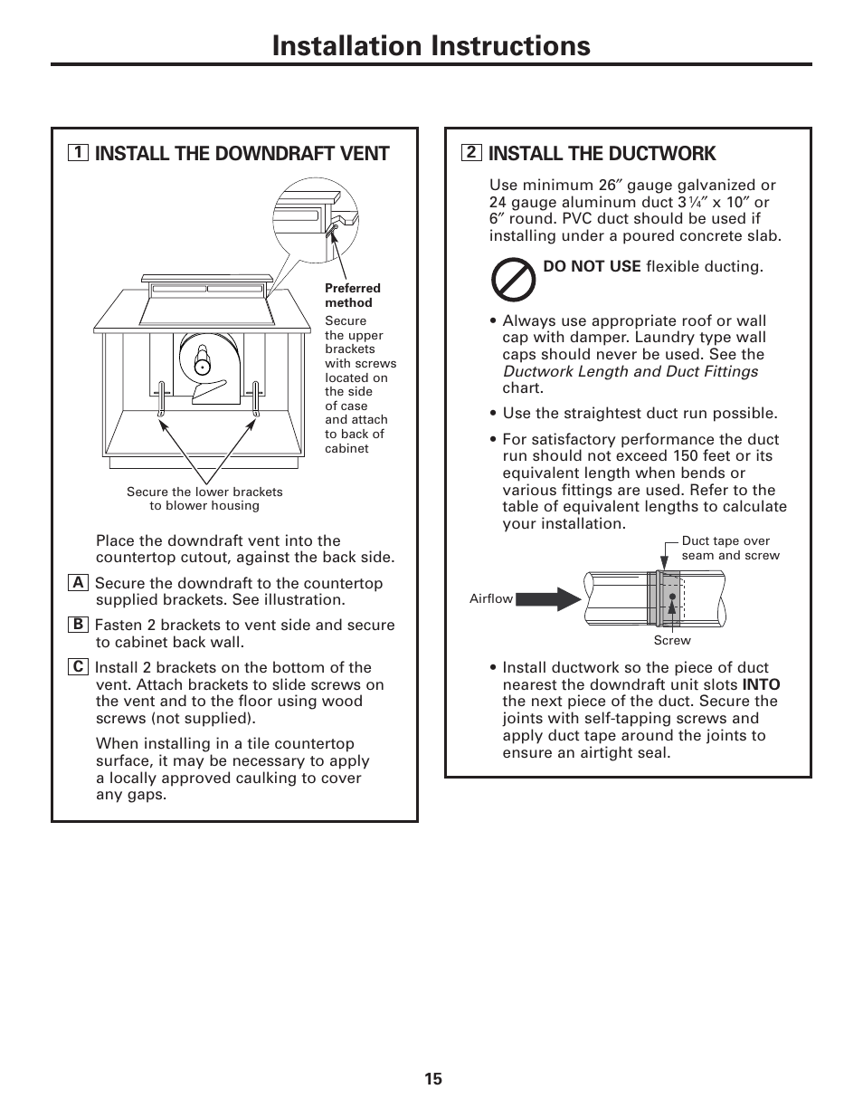 Installation instructions, Install the ductwork, Install the downdraft vent | GE JVB37 User Manual | Page 15 / 40