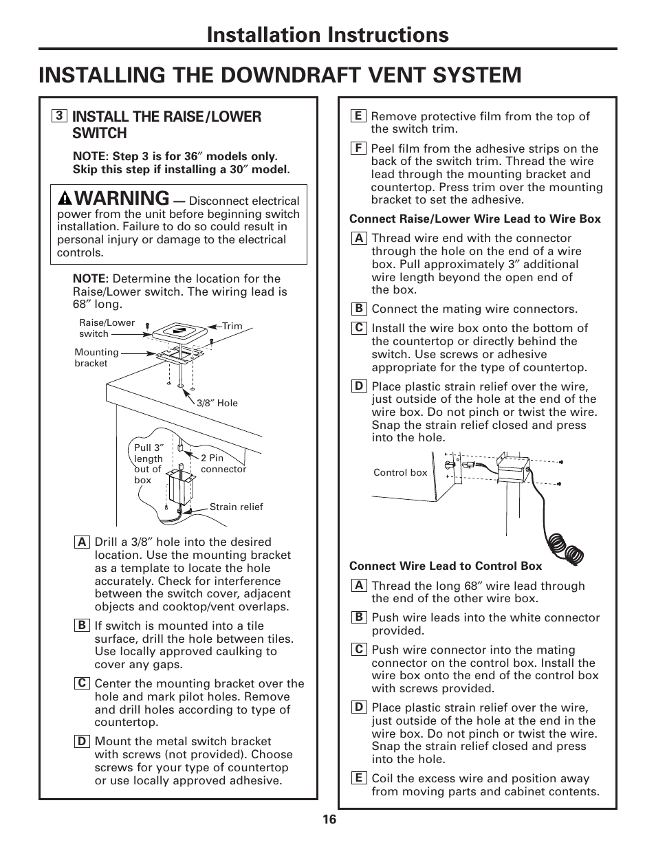 Raise/lower switch, Warning, Install the raise/lower switch | GE JVB37 User Manual | Page 16 / 40