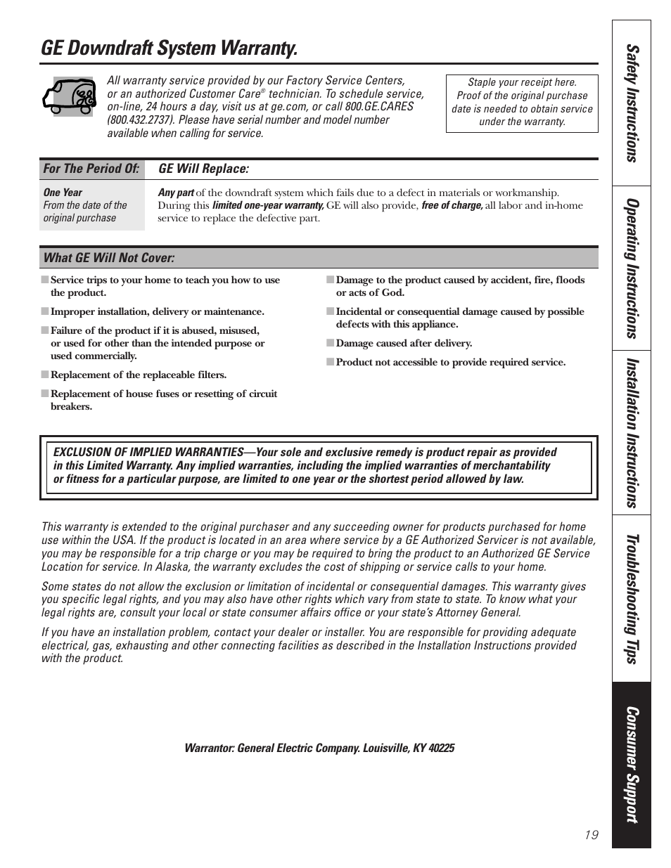 Warranty, Ge downdraft system warranty | GE JVB37 User Manual | Page 19 / 40