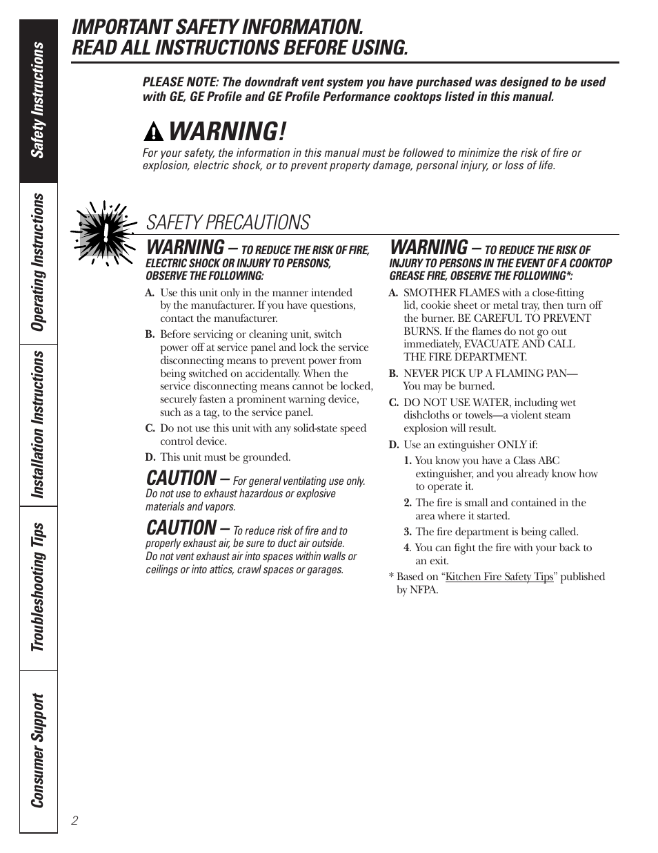 Safety instructions, Warning, Safety precautions warning | Caution | GE JVB37 User Manual | Page 2 / 40