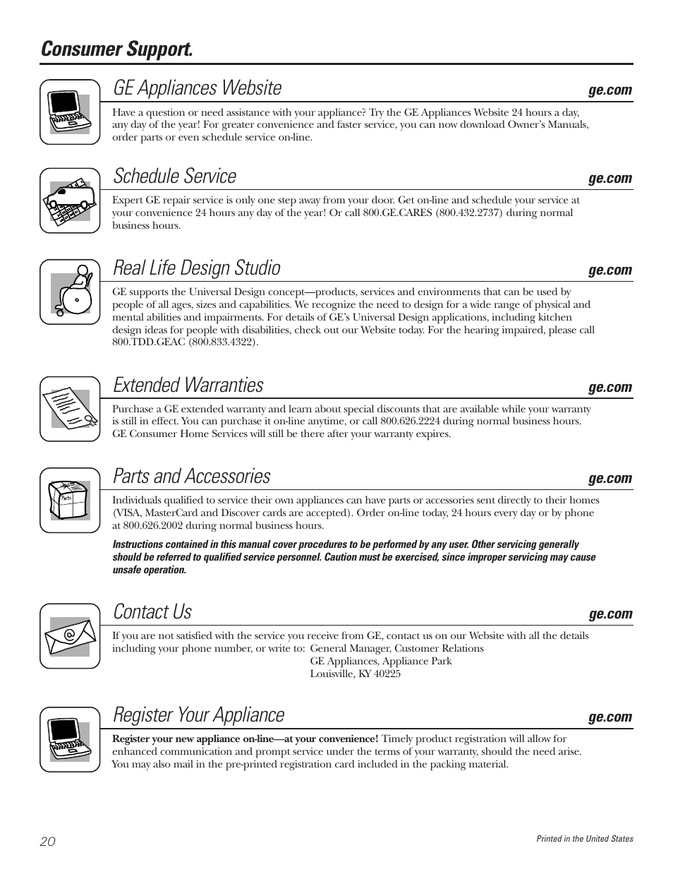 Consumer support, Ge appliances website, Schedule service | Real life design studio, Extended warranties, Parts and accessories, Contact us, Register your appliance | GE JVB37 User Manual | Page 20 / 40