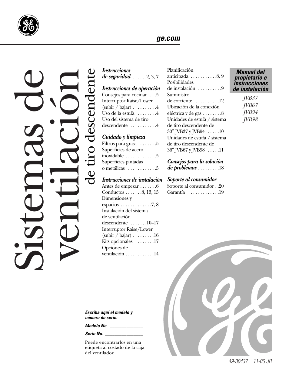 Español, Instrucciones de operación, Cuidado y limpieza | Instrucciones de instalación, Soporte al consumidor, Sistemas de ventilación, De tiro descendente | GE JVB37 User Manual | Page 21 / 40