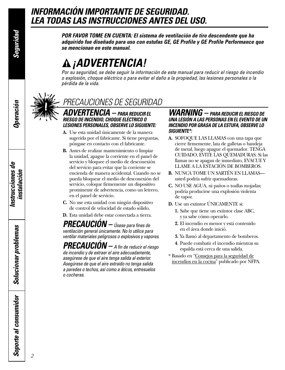 Instrucciones de seguridad, Advertencia, Precauciones de seguridad advertencia | Precaución, Warning | GE JVB37 User Manual | Page 22 / 40