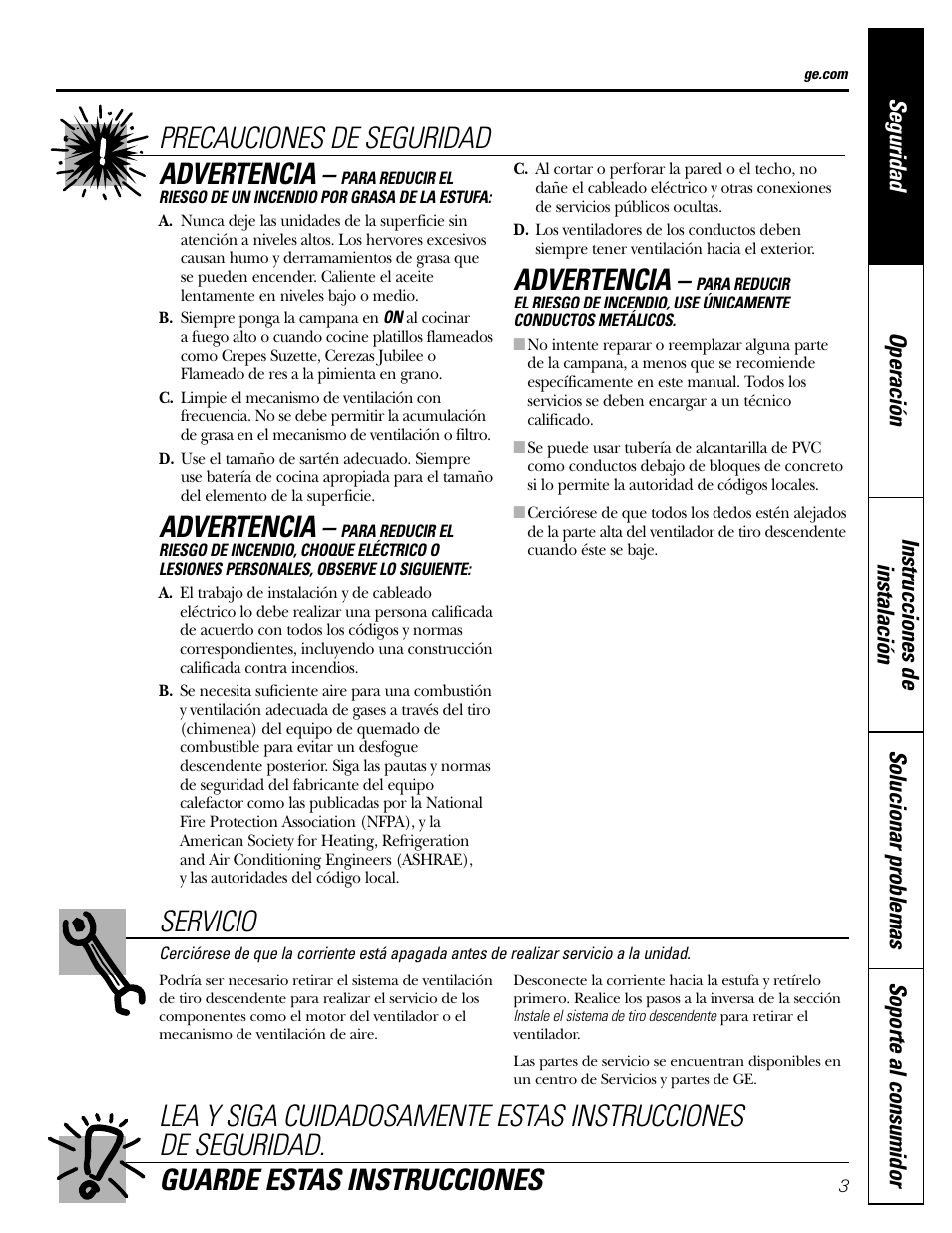 Servicio, Precauciones de seguridad advertencia, Advertencia | GE JVB37 User Manual | Page 23 / 40