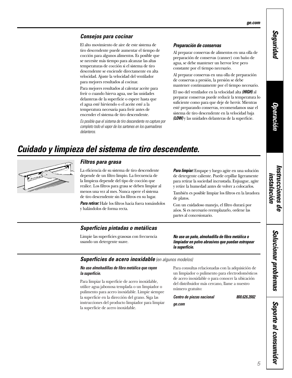 Consejos para cocinar, Filtros para grasa, Superficies de acero inoxidable | Superficies pintadas o metálicas, Cuidado y limpieza del sistema de tiro descendente | GE JVB37 User Manual | Page 25 / 40