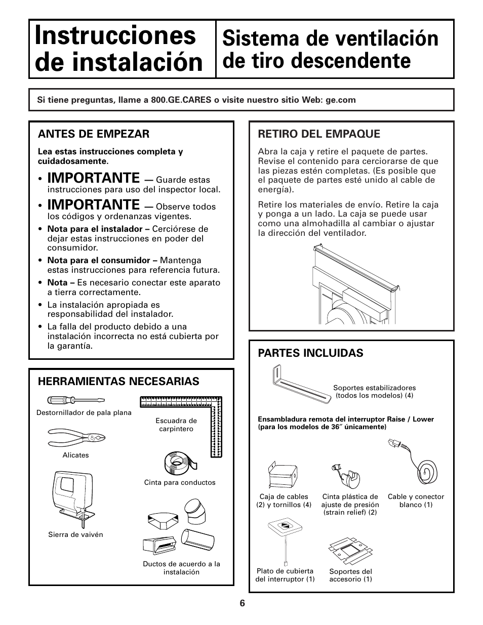 Antes de empezar, Instrucciones, De instalación | Sistema de ventilación, De tiro descendente, Importante | GE JVB37 User Manual | Page 26 / 40