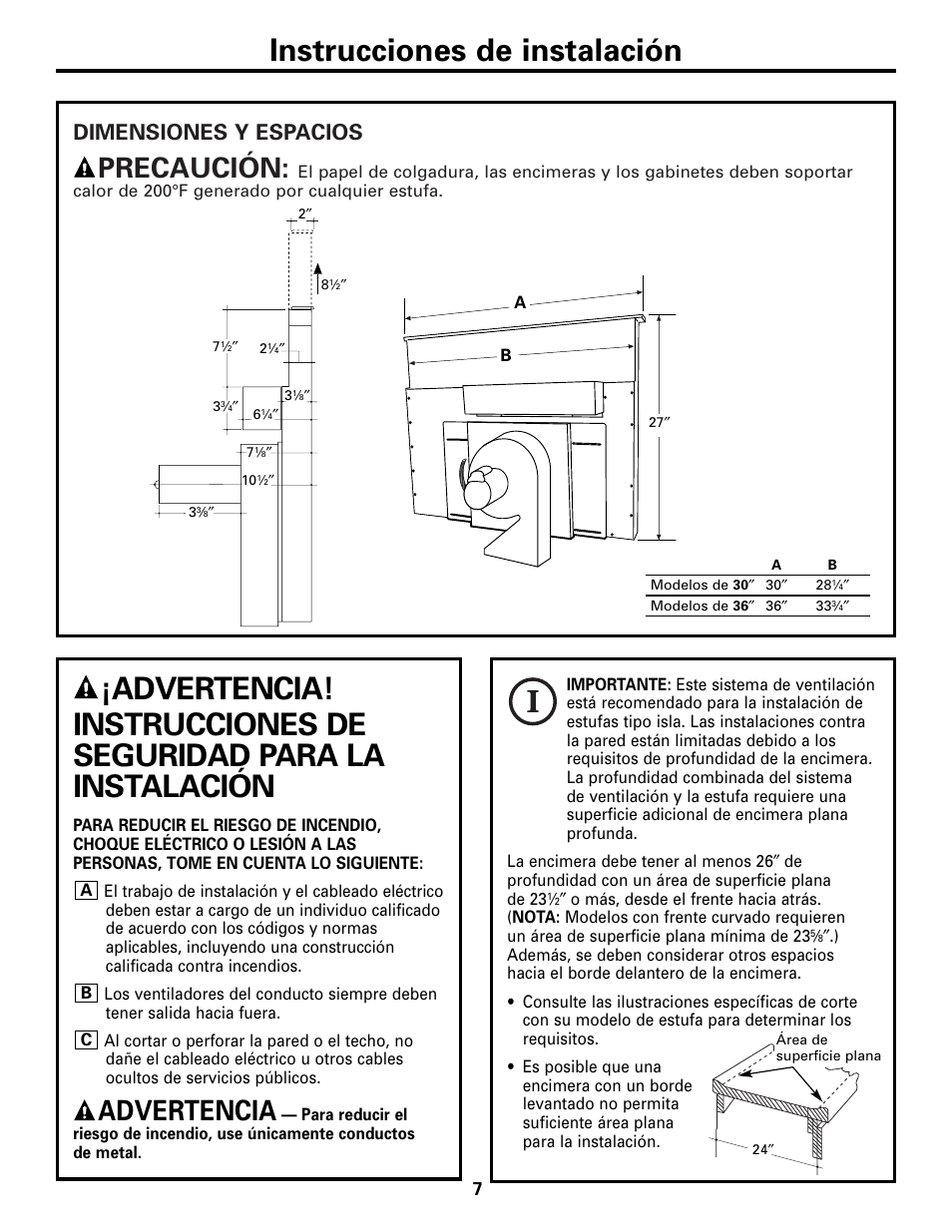 Dimensiones y espacios, Dimensiones y espacios , 8, Instrucciones de instalación | Precaución, Advertencia | GE JVB37 User Manual | Page 27 / 40