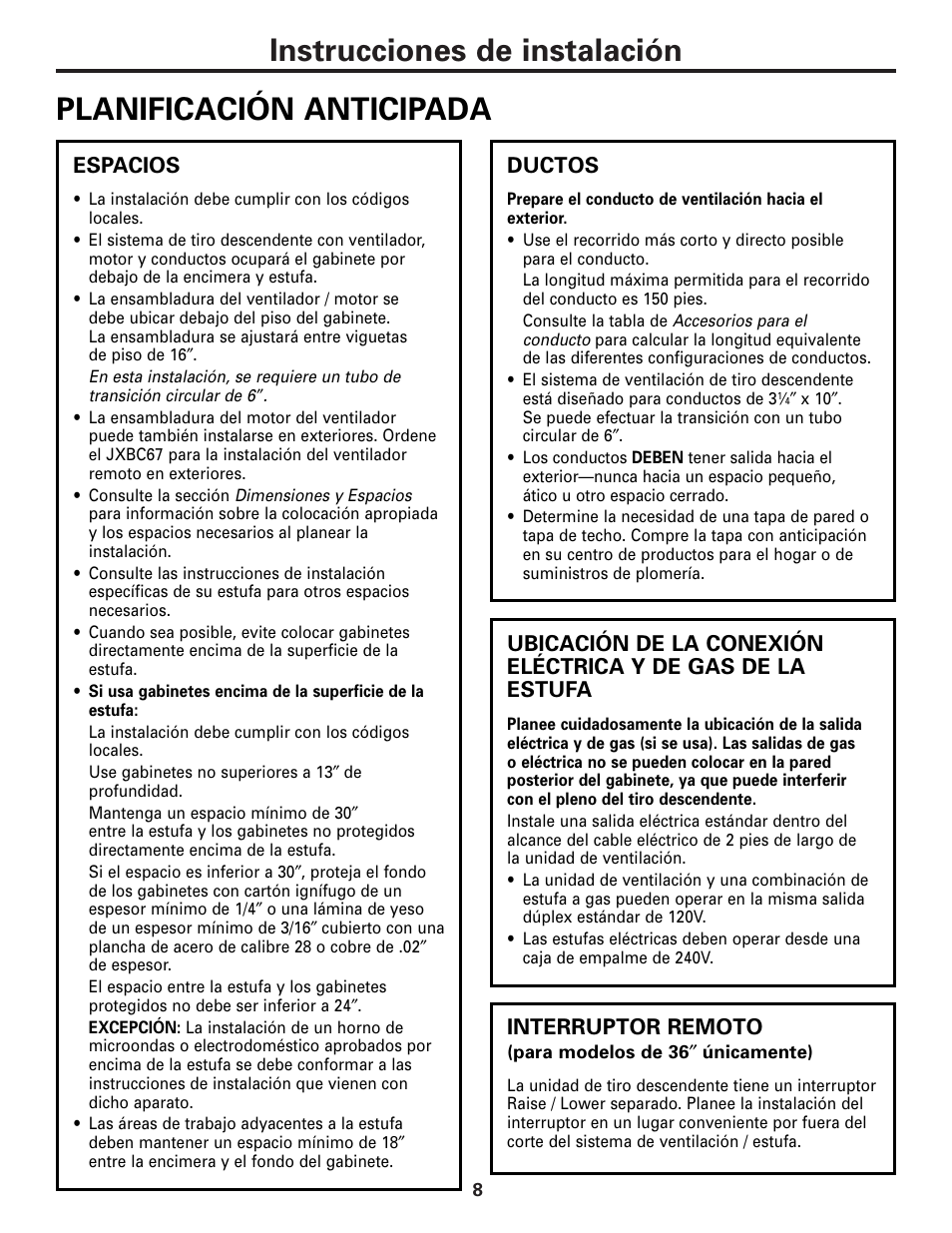 Conductos, Planificación anticipada, Ubicación de la conexión eléctrica y de gas | Conductos , 13, 15, Planificación anticipada , 9, Instrucciones de instalación, Ductos, Espacios, Interruptor remoto | GE JVB37 User Manual | Page 28 / 40