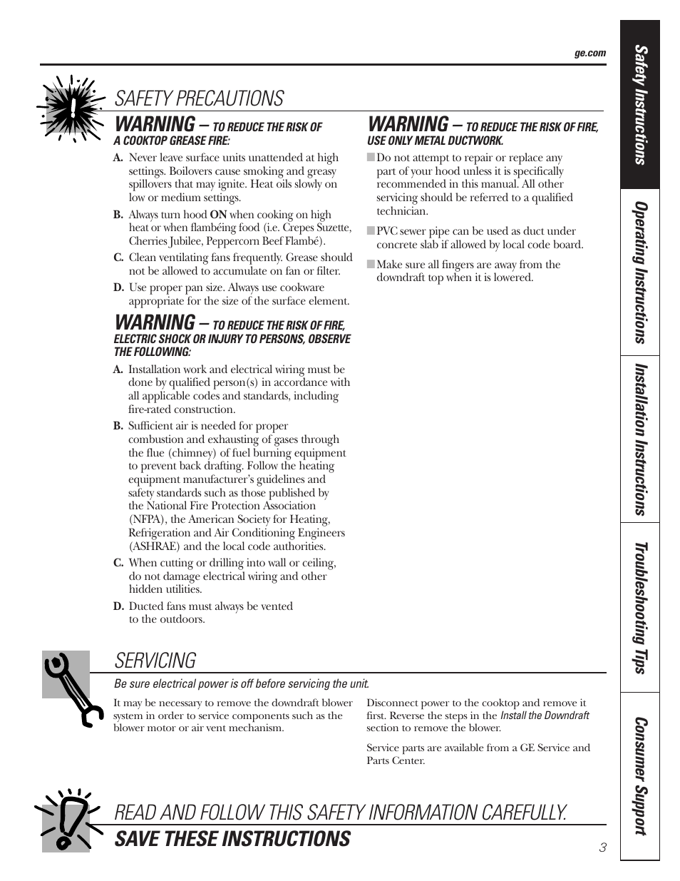 Servicing safety precautions warning, Warning | GE JVB37 User Manual | Page 3 / 40